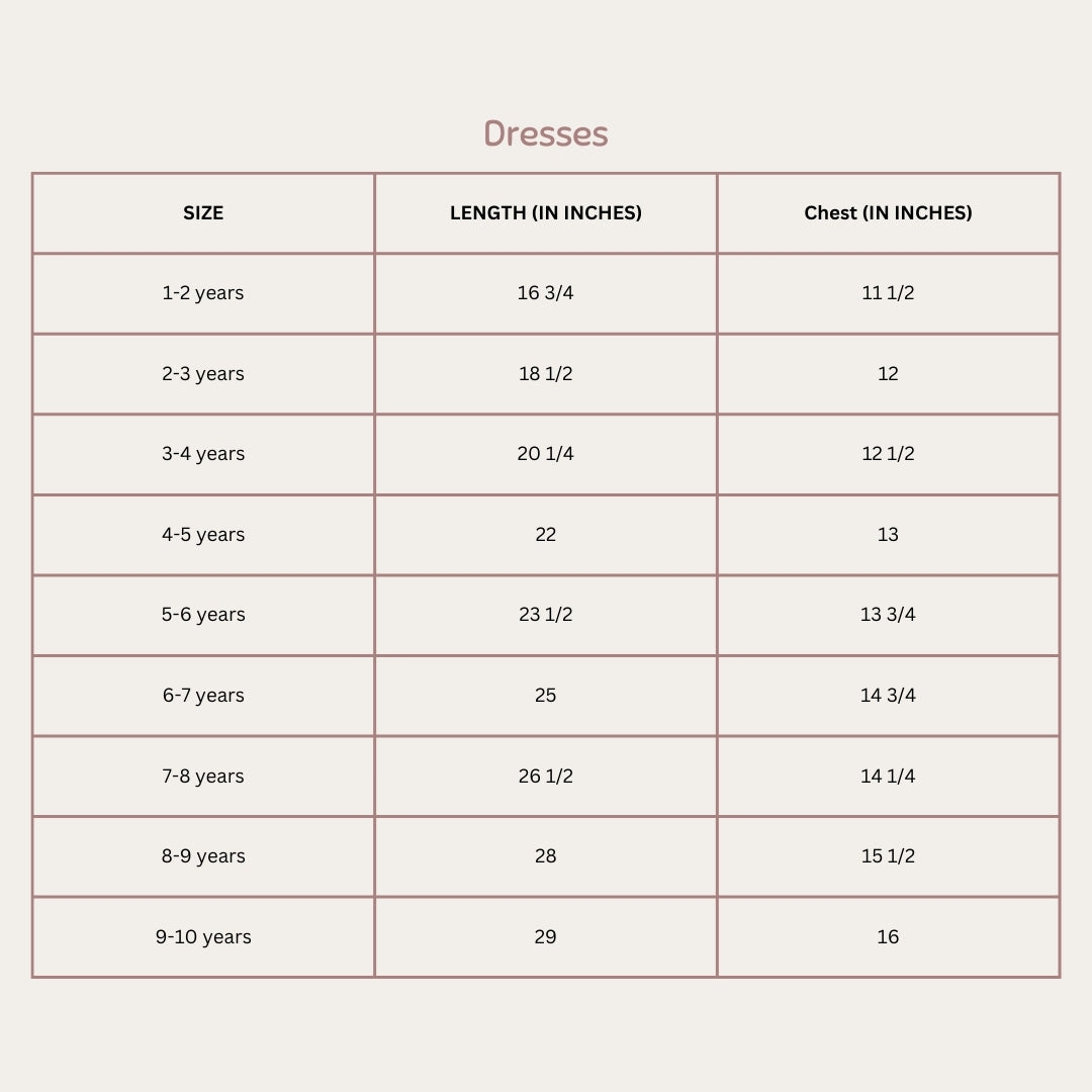 Size Chart for Petal Pops Smocked Co-ord