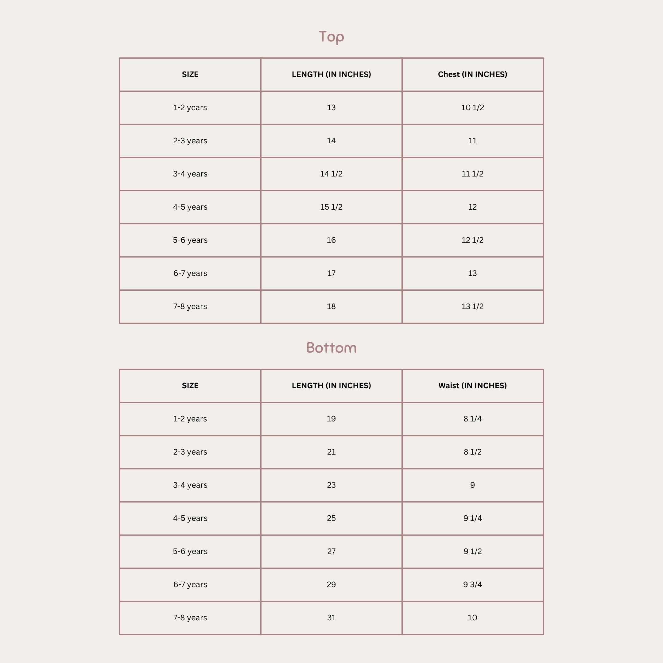 Size Chart for Butterfly Bloom set