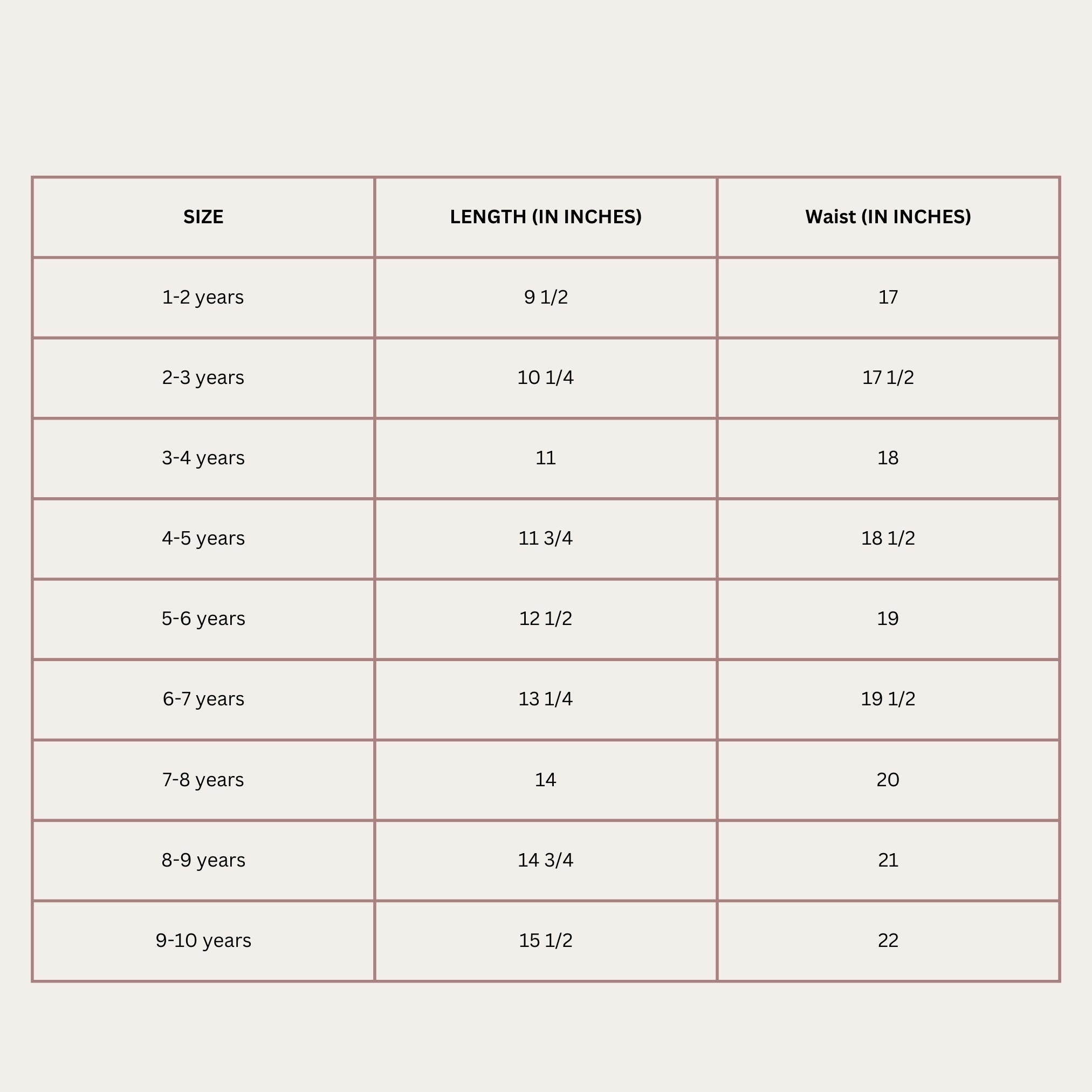 Size Chart for Tales from the Desert Shorts