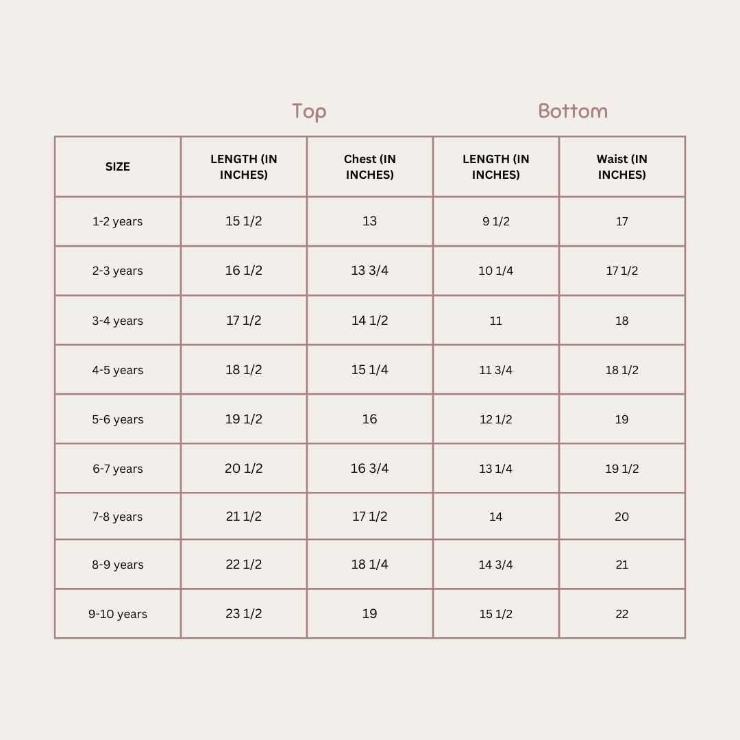 Size Chart for Summer Chillin set