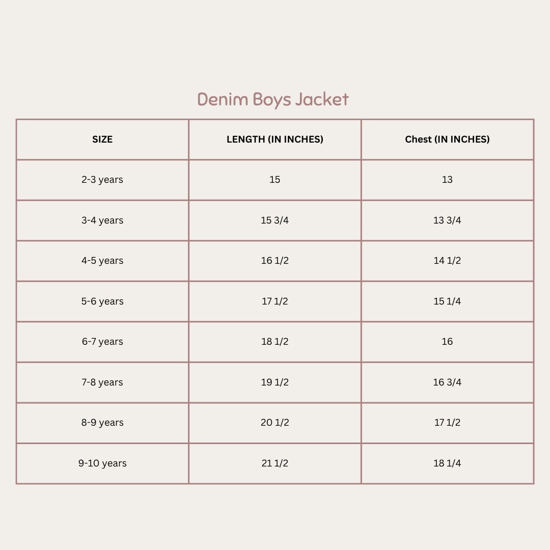 Size Chart for Little Denim Explorer's Boys Jacket