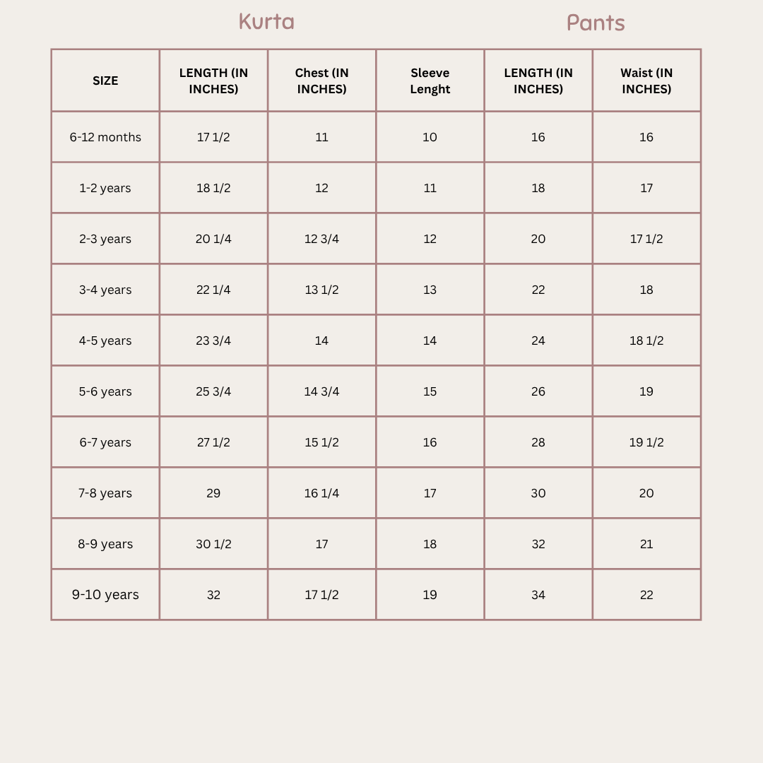 Size Chart for Anar Kurta set