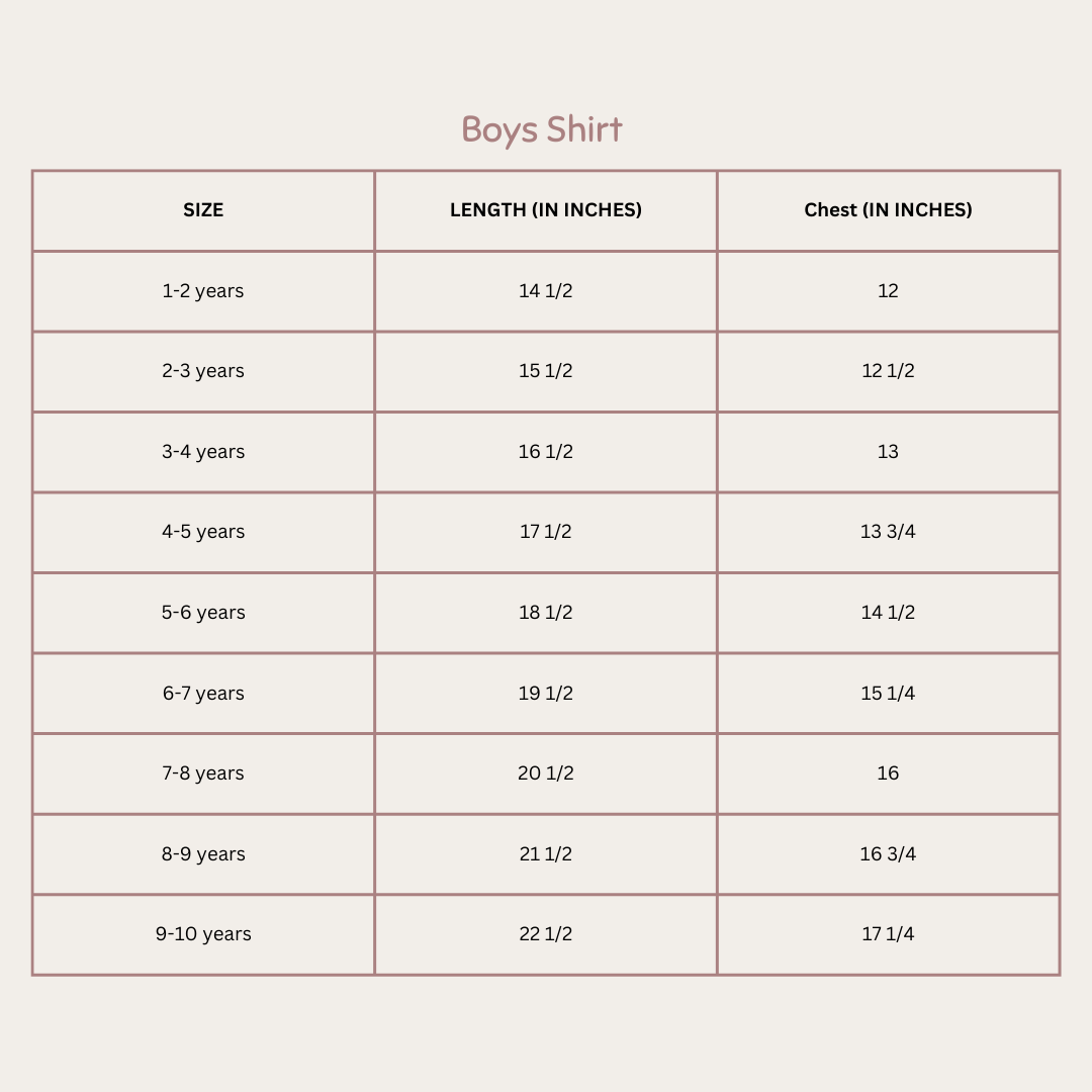 Size Chart for Lilac Tales Shirt