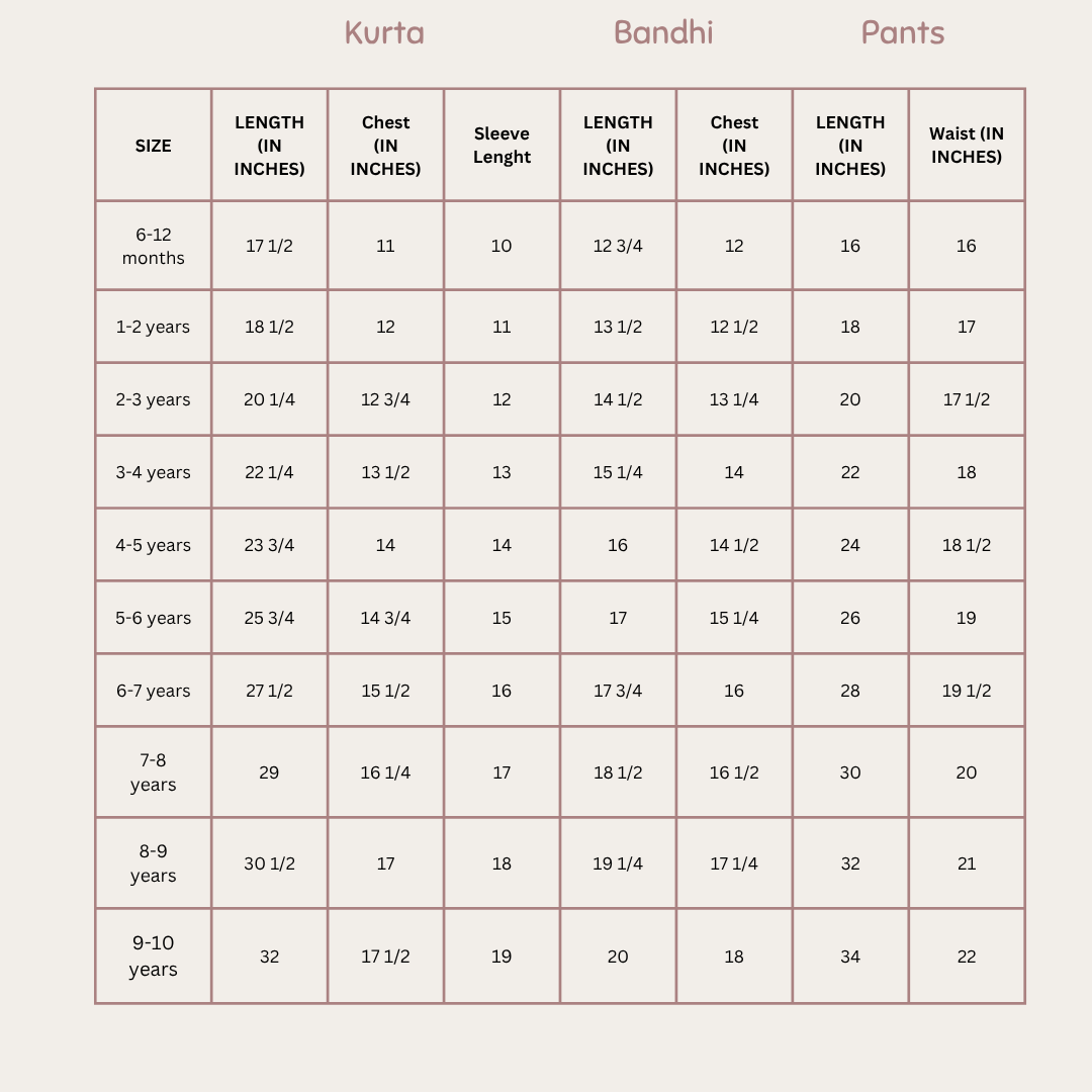 Size Chart for Lilac Bandhi Set