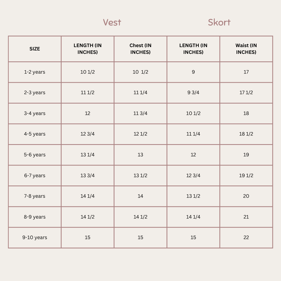 Size Chart for Tales from the Desert Waistcoat & Skorts