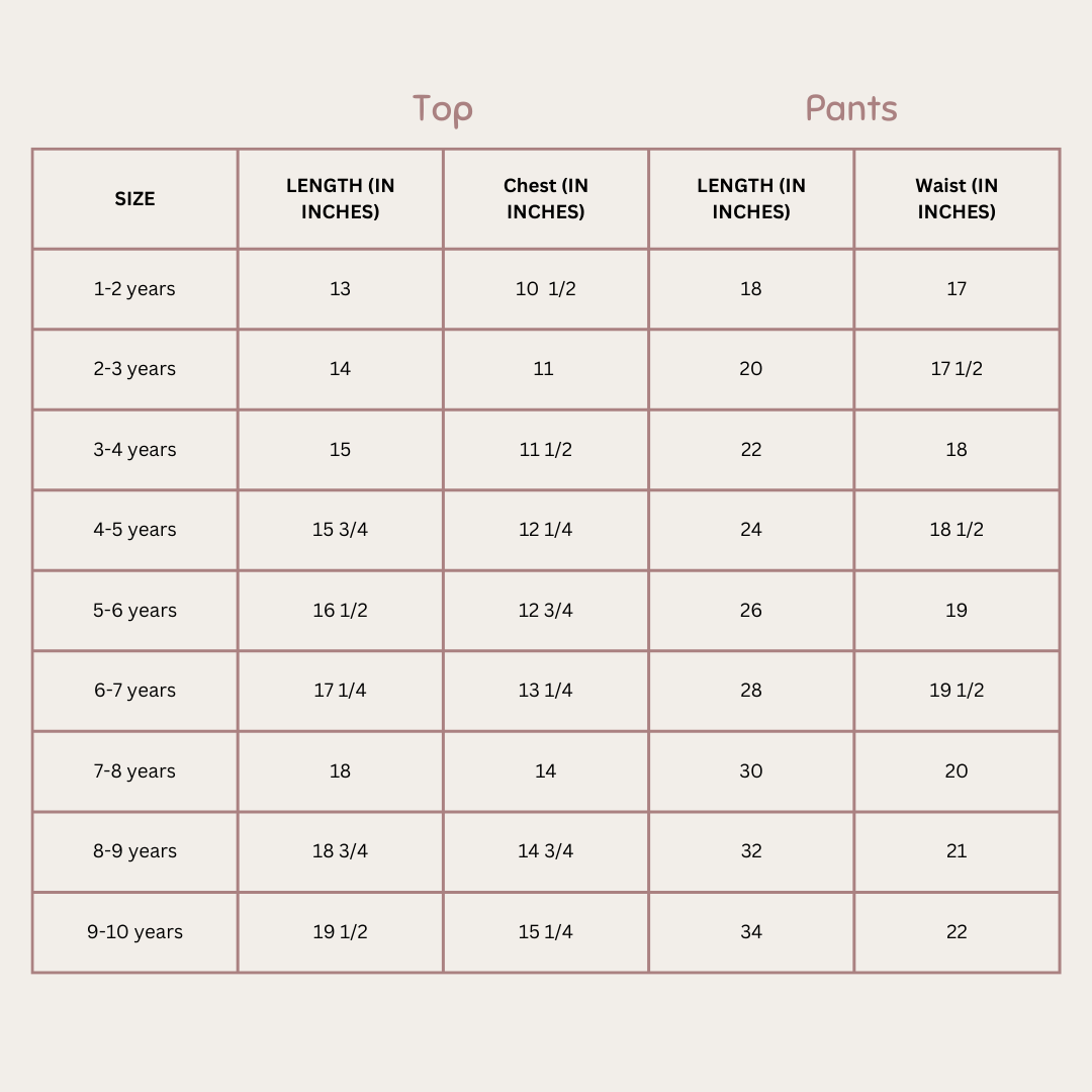 Size Chart for Girls Co-ord set