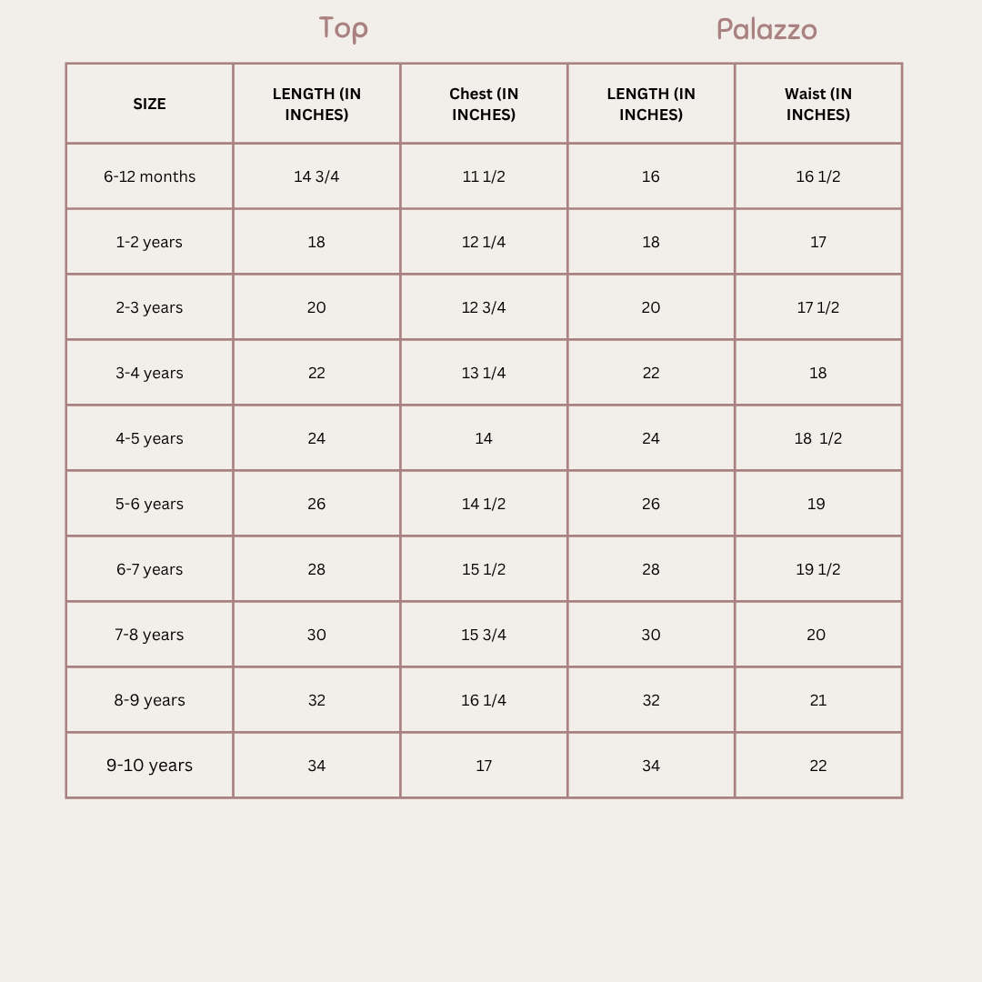 Size Chart for Lilac Bloom Set