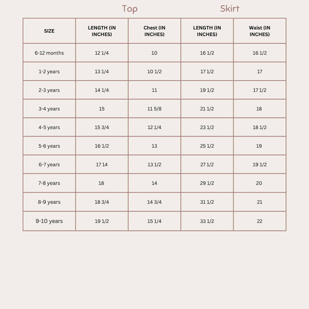 Size Chart for Gulabi Noor Lehenga Set