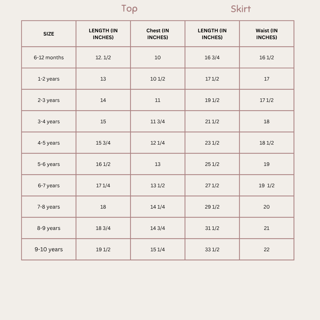 Size Chart for Gulnar skirt Set