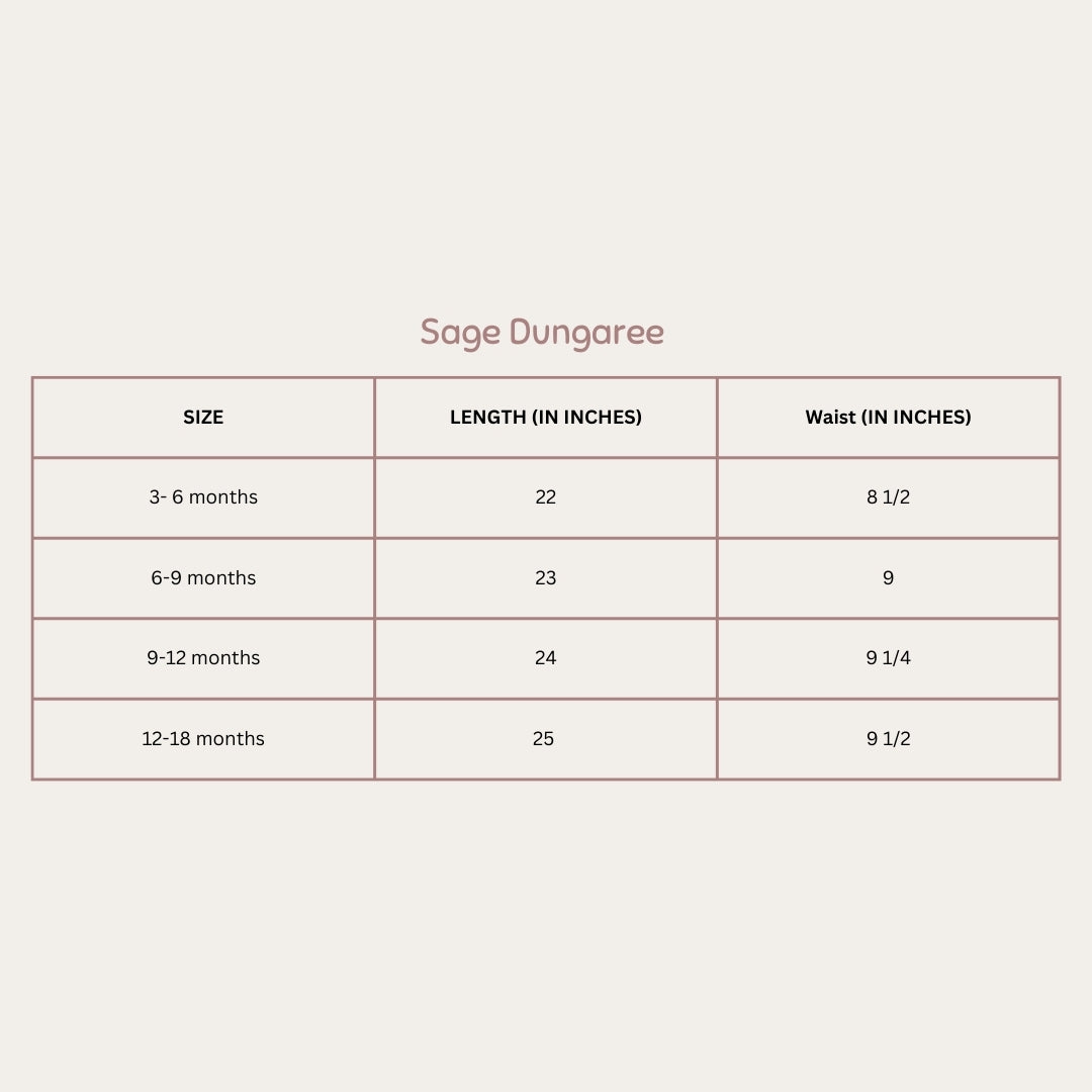 Size Chart for Evergreen Tales Dungaree Unisex