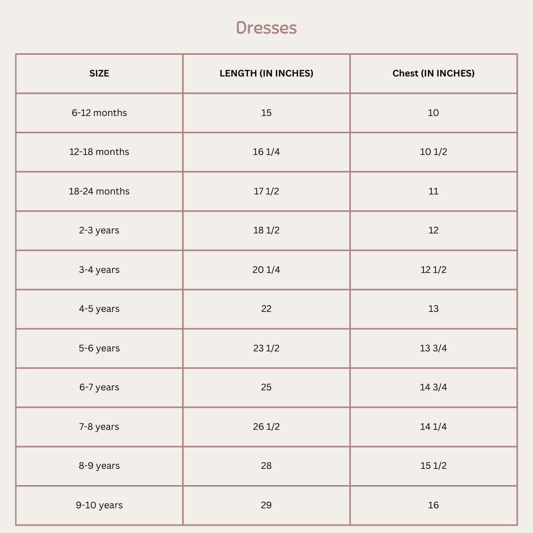 Size Chart for Little Voyager Charm Dress