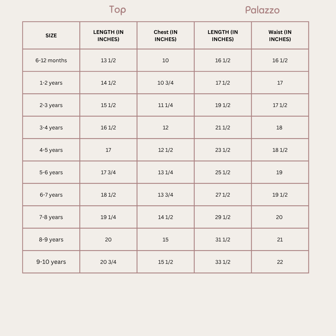 Size Chart for Marigold Palazzo Set