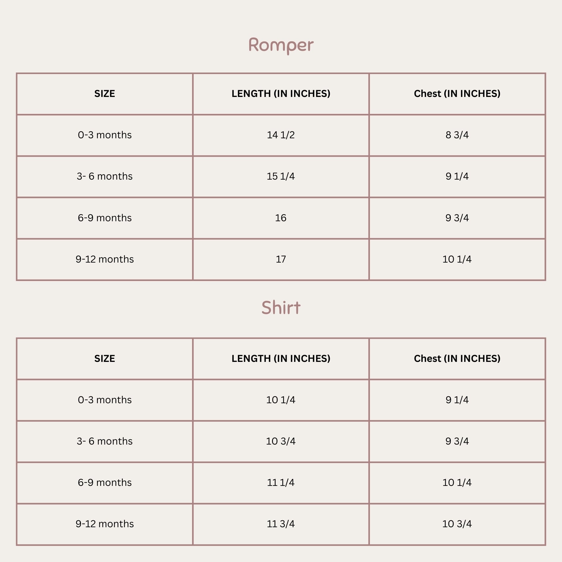 Size Chart for Rainbow Ribbons Suspender Romper Set